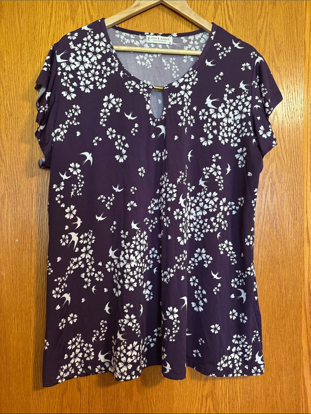 Jon & Anna Plum Short Sleeve Floral & Swallow Print Top